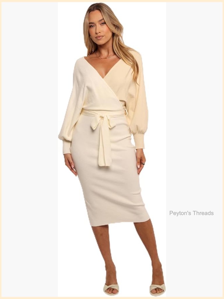 Midi Bodycon Dress With V-Neck And Long Sleeves - Cotton Blend